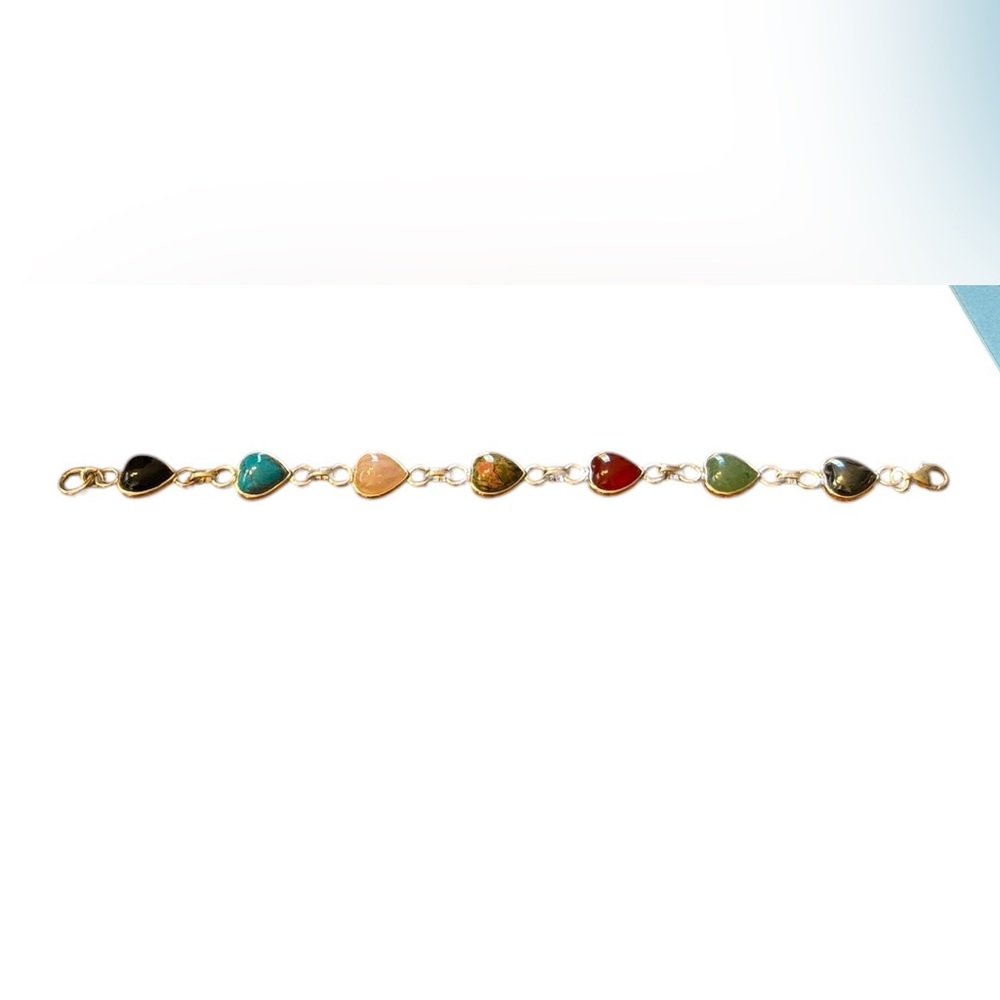 Multi Color Bezel Set Heart Stones 925 Sterling Silver 7 1/2” Bracelet